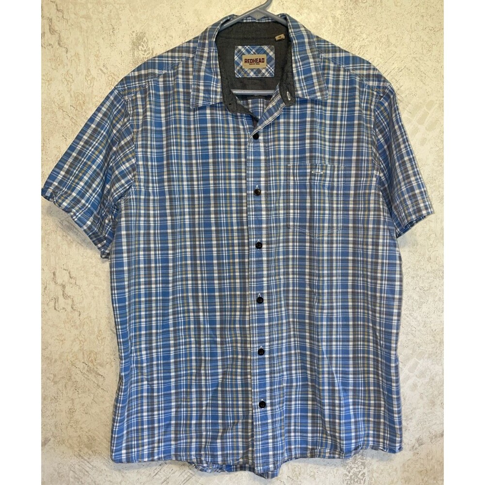 RedHead Men Plaid Button Up Short Sleeve Shirt Blue White Cotton XL